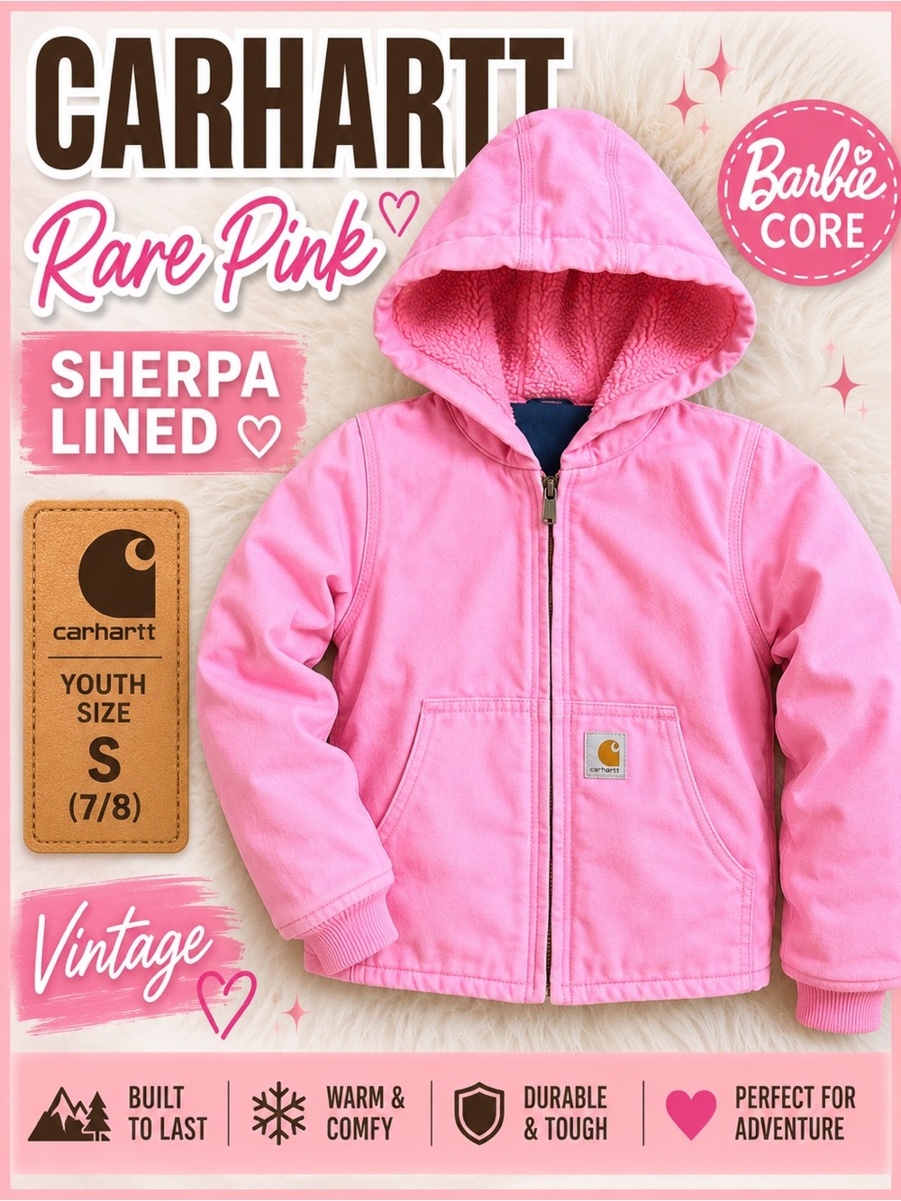 Vintage Carhartt Pink Sherpa Lined Hooded Jacket Youth S 7/8 Rare